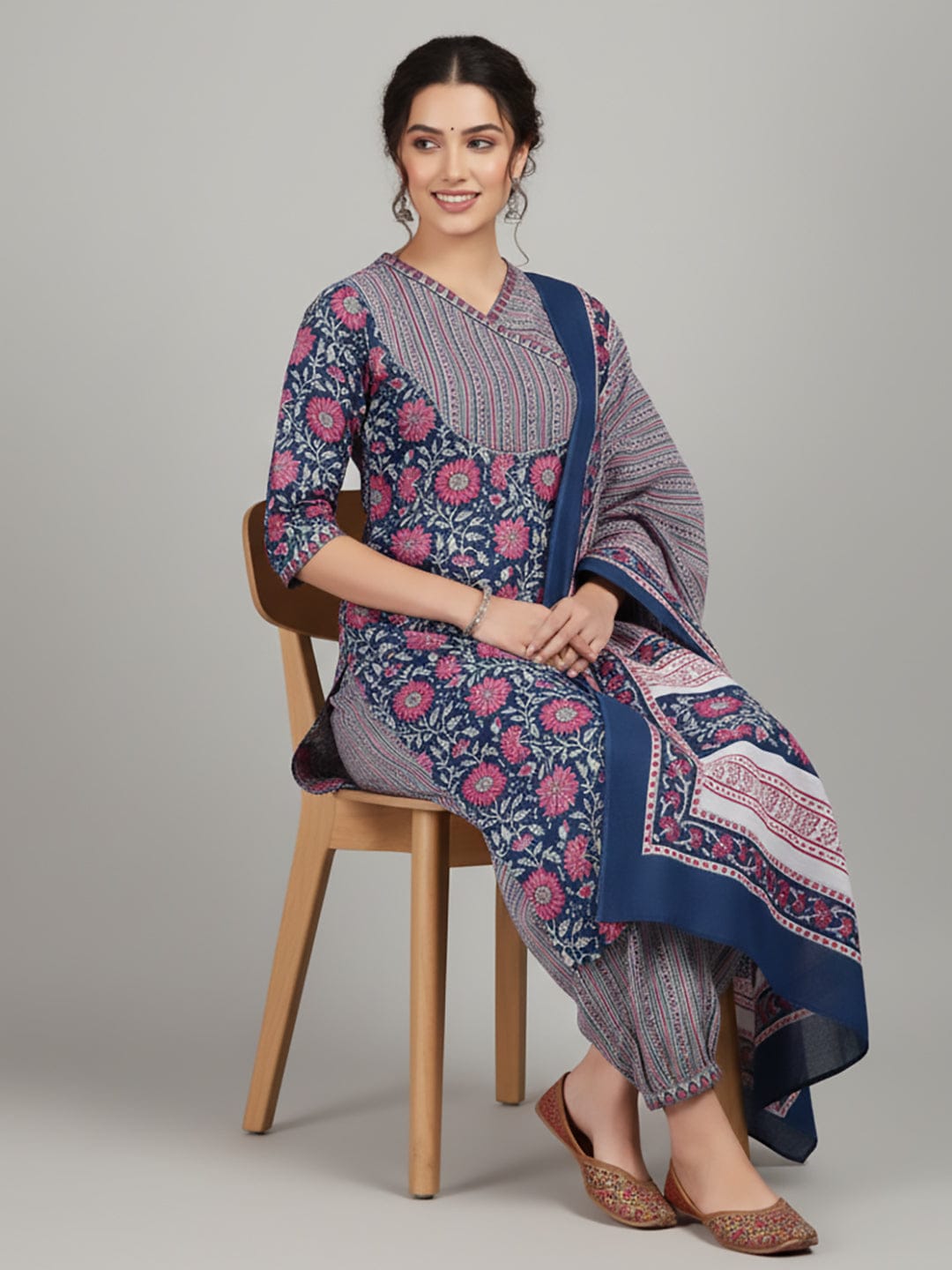 The Kurti Collection Women Ethnic Floral Printed V Neck Kurta With Stripper Trouser & Dupatta