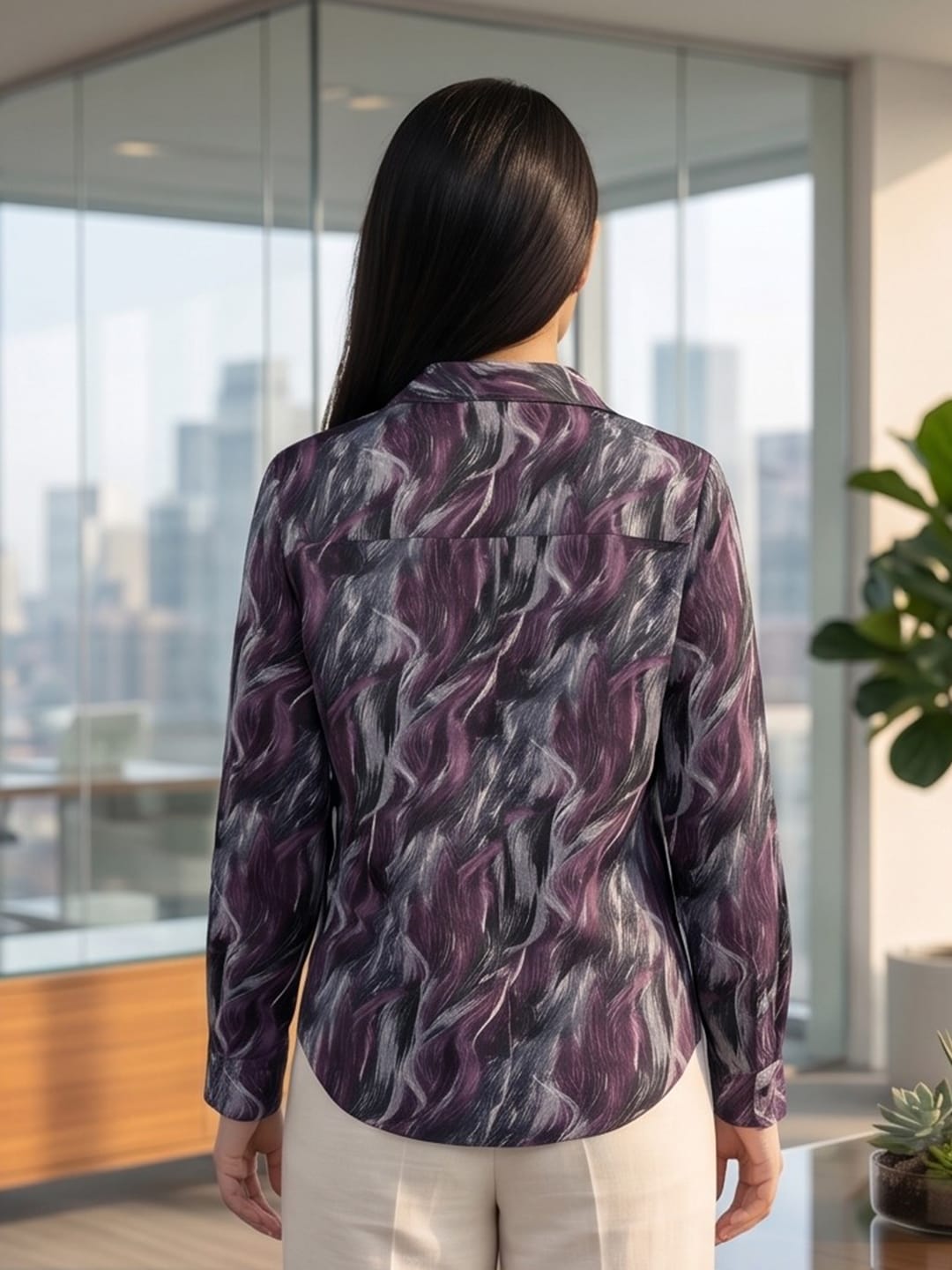 Purple Coloured Slim Collar Long Sleeves Abstract Shirt