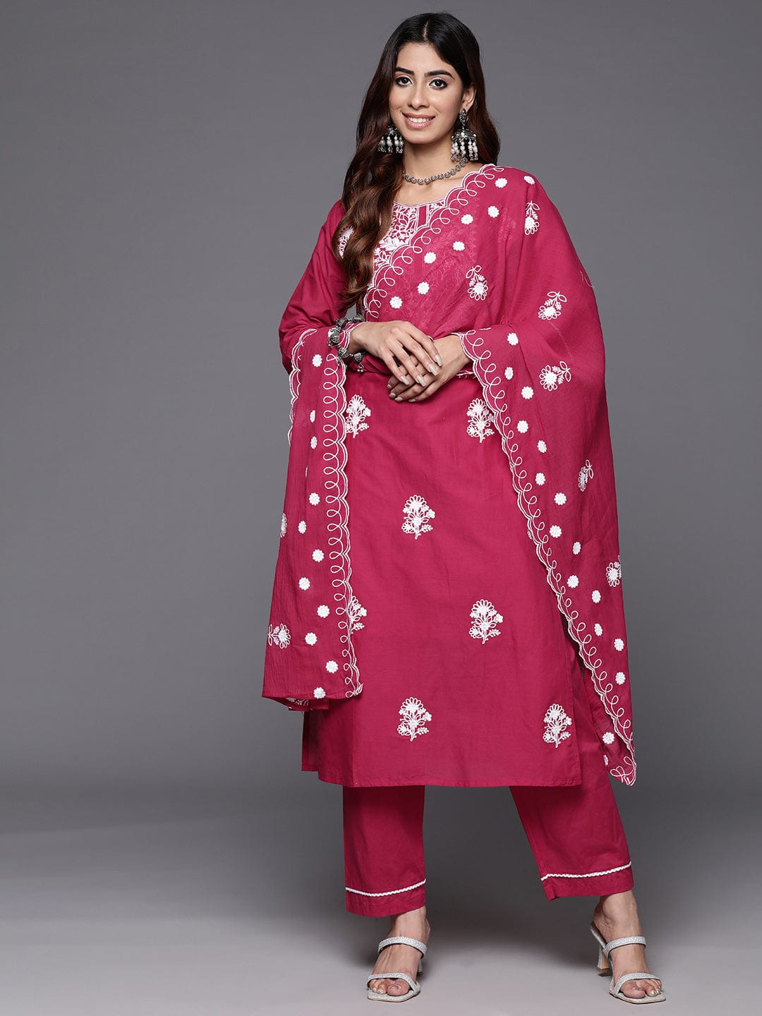 The Kurti Collection Floral Embroidered Thread Work Pure Cotton Kurta with Trousers & Dupatta