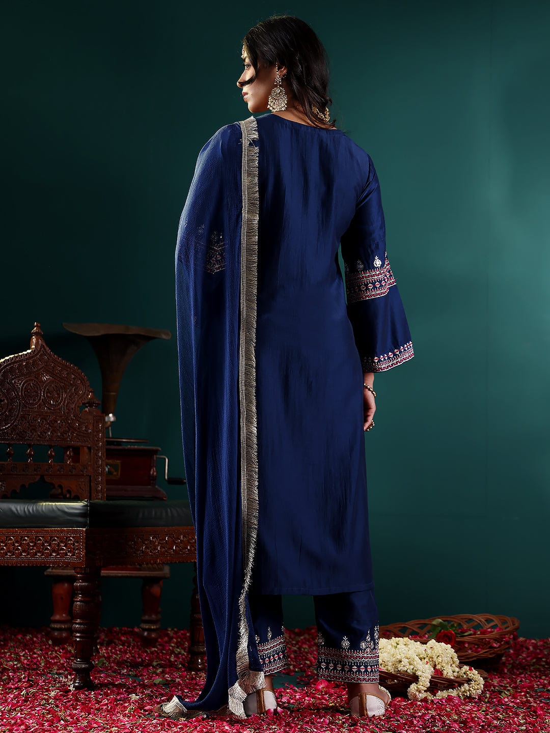 The Kurti Collection Women Blue Embroidered Straight Kurta Paired With Tonal Embroidered Bottom And With Tonal Chiffon Dotted Dupatta