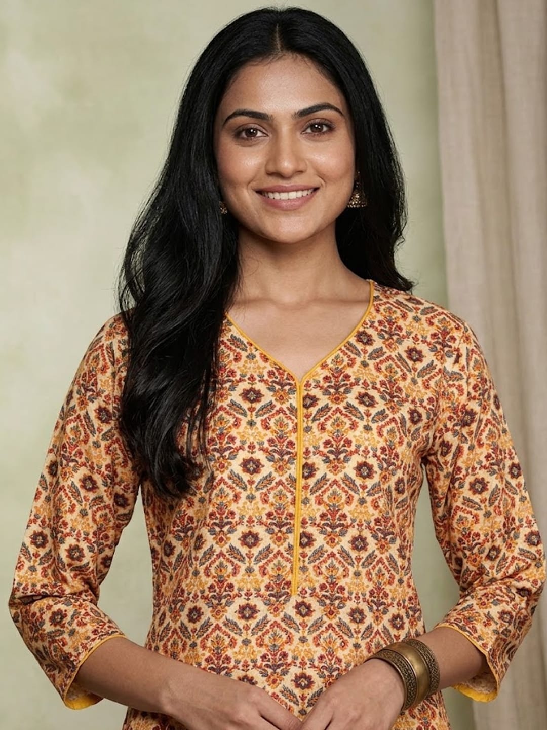 The Kurti Collection Yellow colour V neck allover print kurta