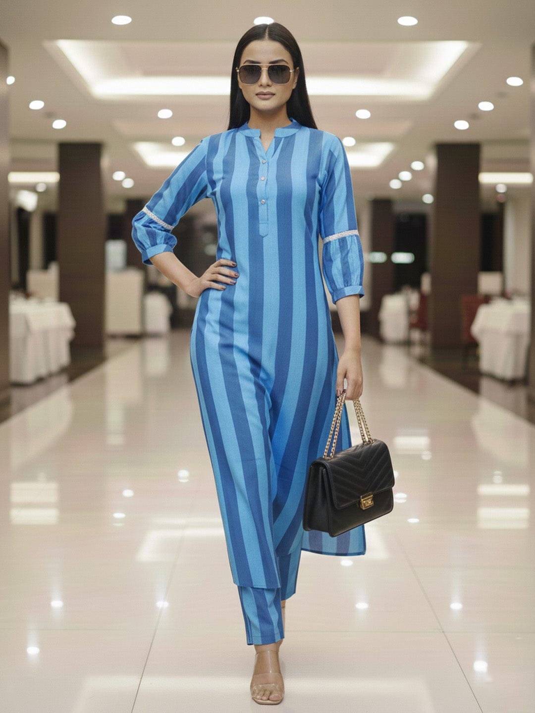 Aqua Blue Vertical Stripe Kurta Set