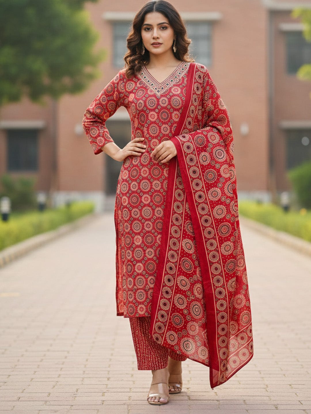 Rust & Orange printed suit set in pure cotton
