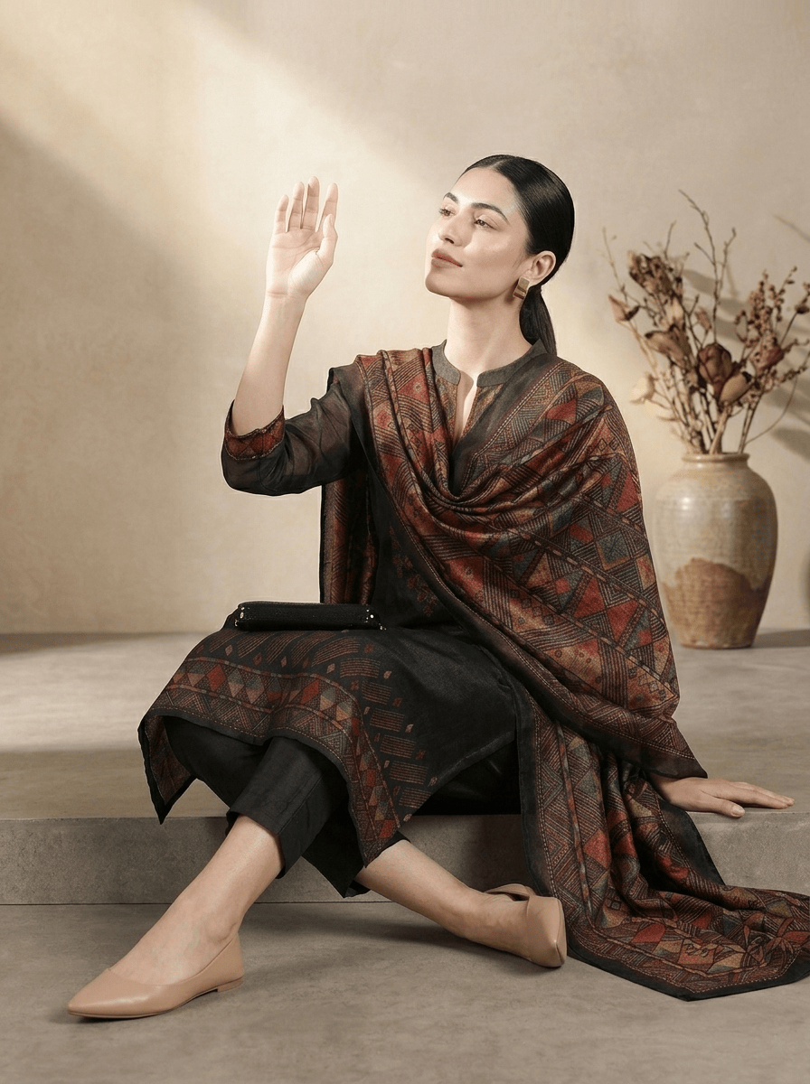 Varanga Women Black Printed Straight Kurta Paired With Solid Bottom And Printed Dupatta