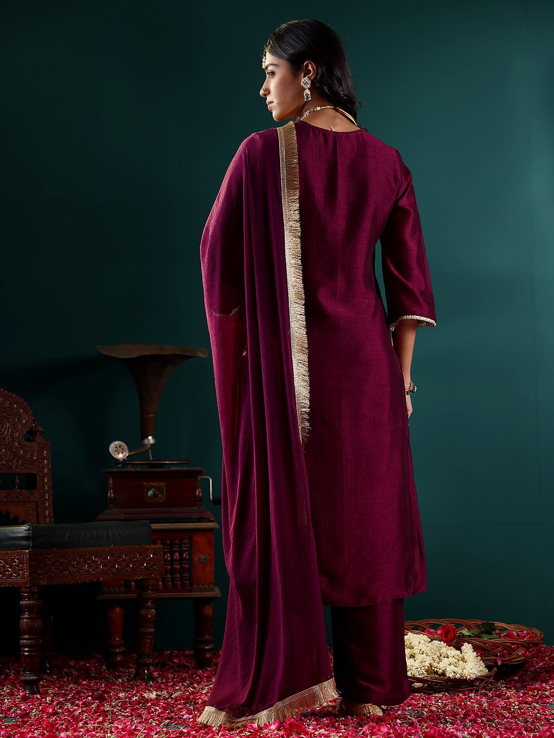 The Kurti Collection Women Purple Zari Embroidered Kurta With Bottom And Dupatta