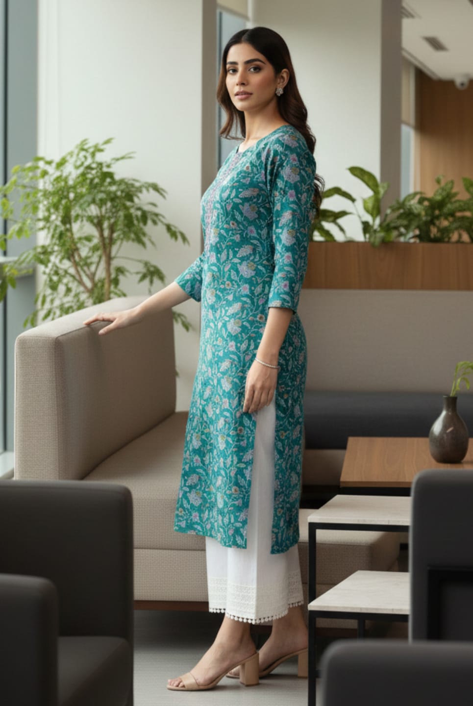 The Kurti Collection Women Turquoise Blue Floral Printed Straight Kurta