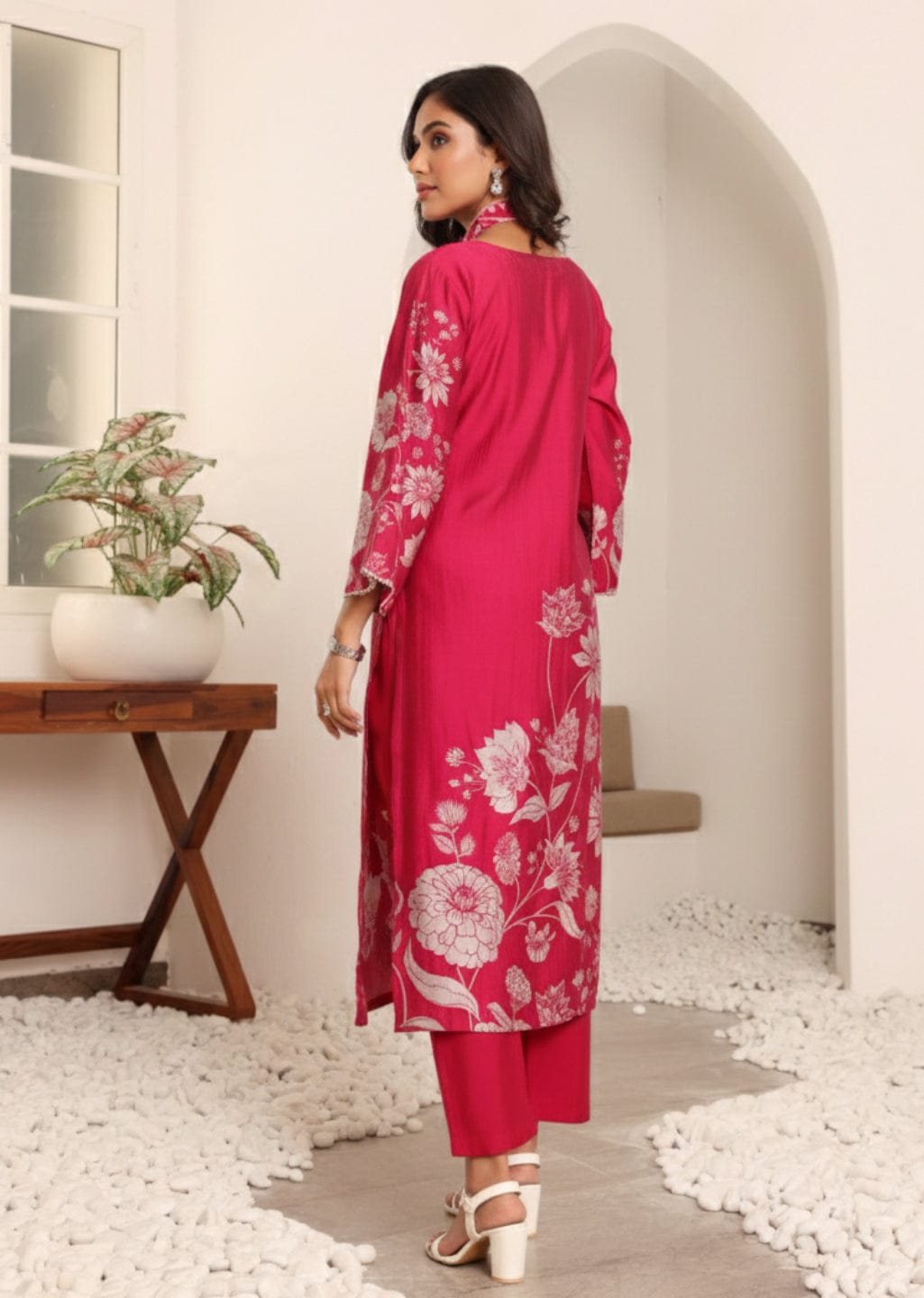The Kurti Collection Women Fuchsia Pink Floral Printed Gota Detail Flared Sleeve Kurta With Solid Trouser