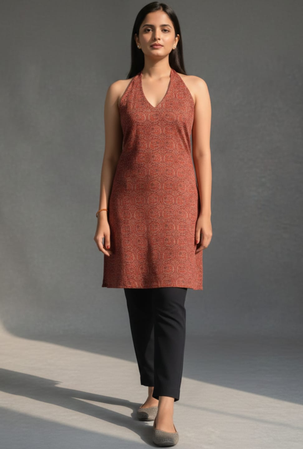 Rust Ajrakh Halter Neck With Crisscross Back Kurti