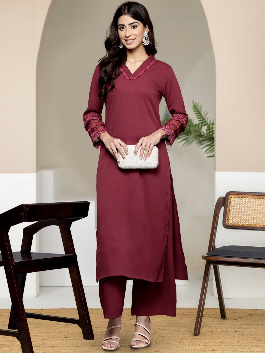 The Kurti Collection Women Maroon V Neck, Three Quater Sleeves With Tonal Cotton Lace Straight Kurta Paired With Tonal Bottom
