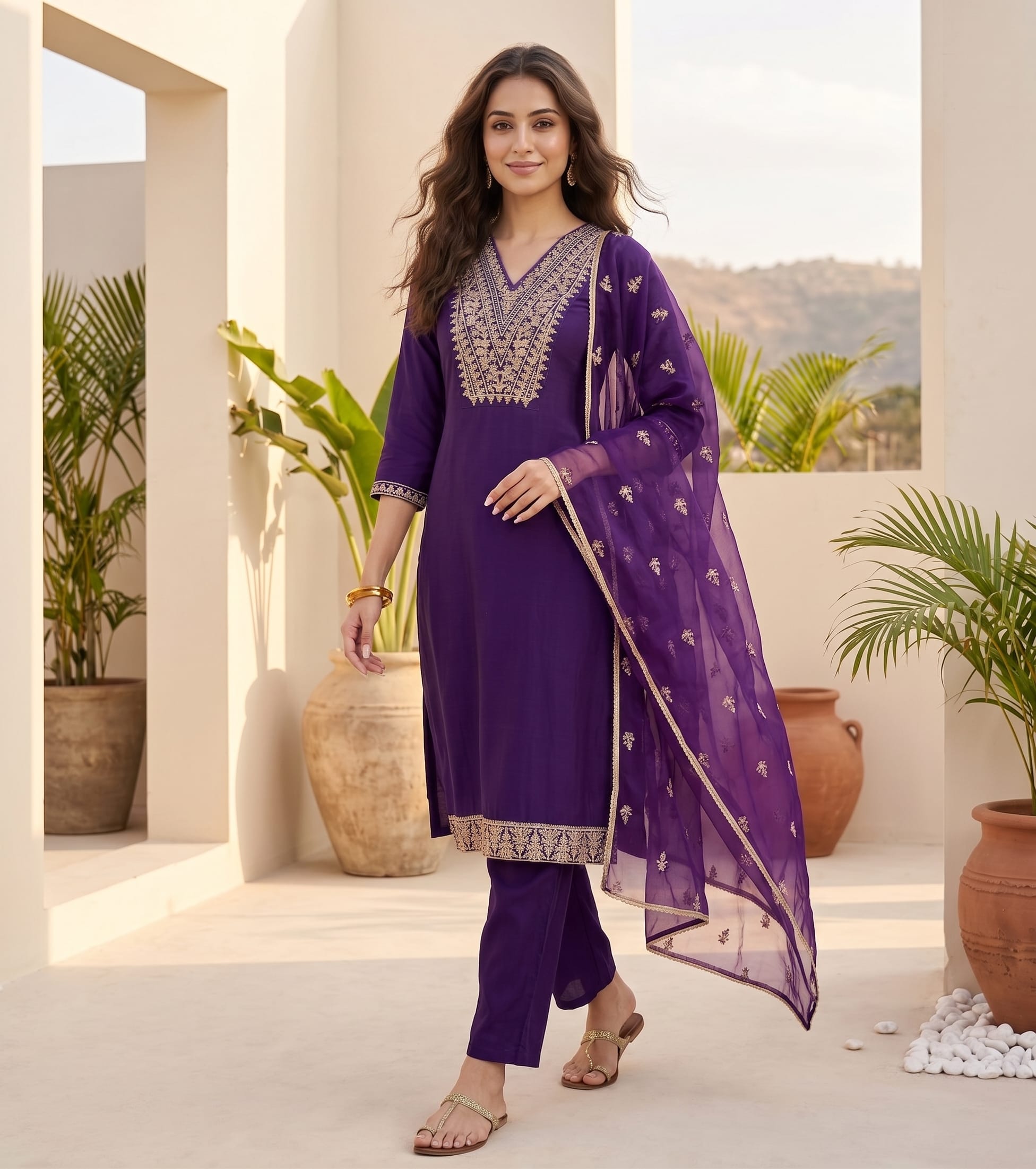 Varanga Women Zari Embroidered Yoke Kurta With Trouser & Sequins Detailed Dupatta