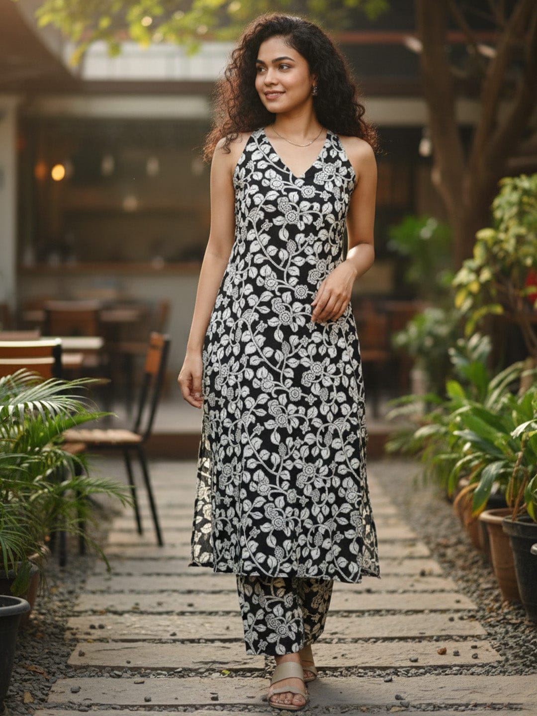 Sleeveless halter-neck floral kurta set in black and white tone, styled with printed full-length trousers.