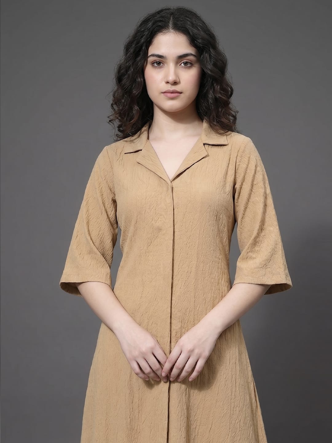 The Kurti Collection Women Mauve Shirt Collar Neck A-Line Kurta Paired With Tonal Bottom