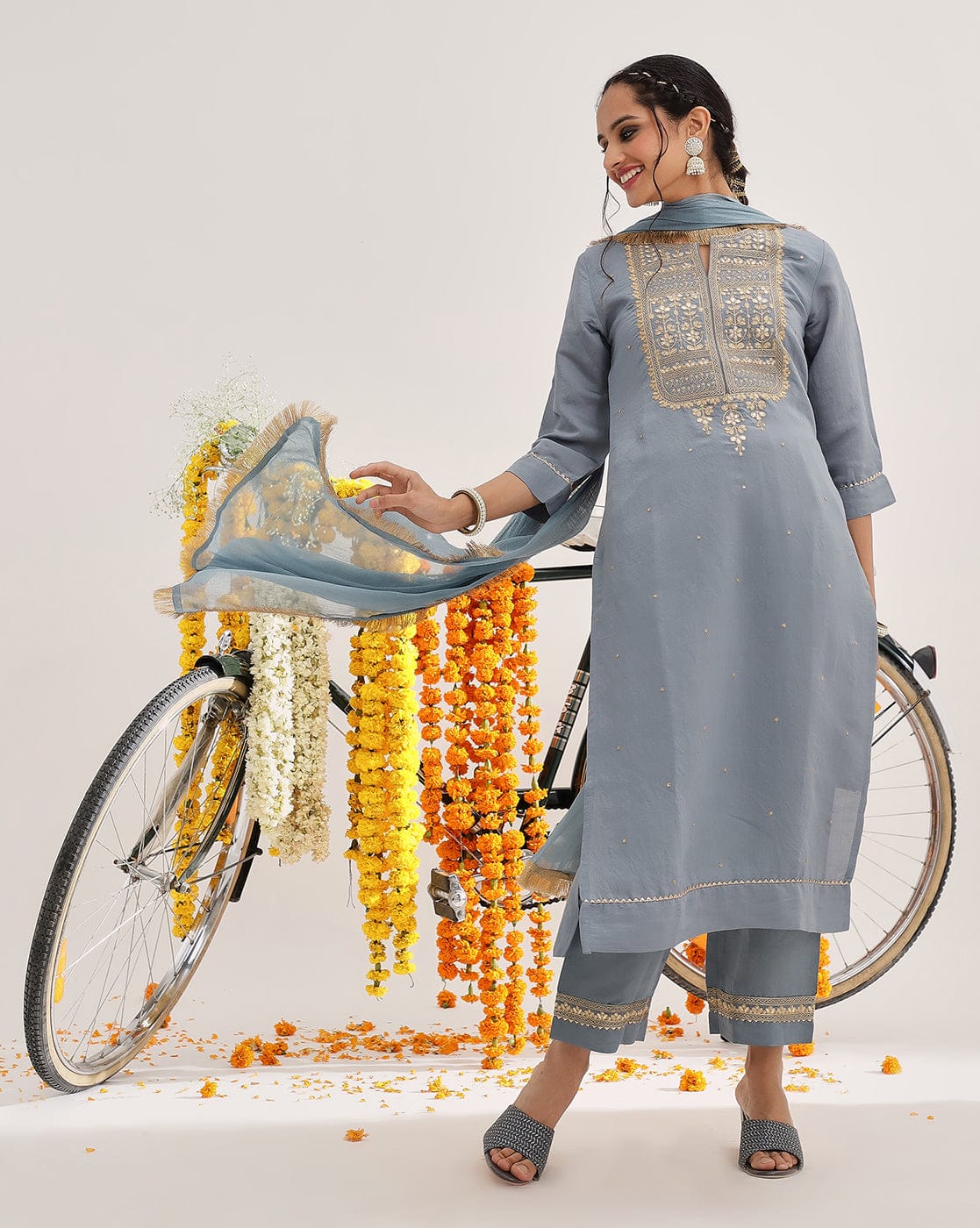 The Kurti Collection Women Grey Embroidered Kurta Set With Dupatta