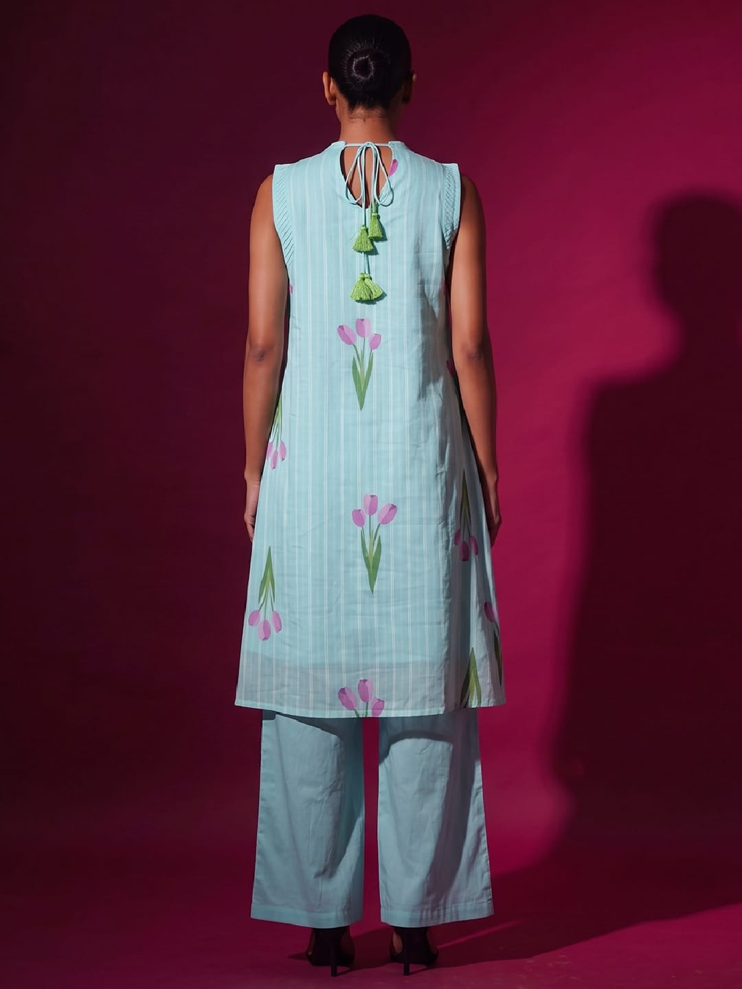 Sky Blue Tulip Print Halter Neck Kurta Set With Wide-Leg Trousers