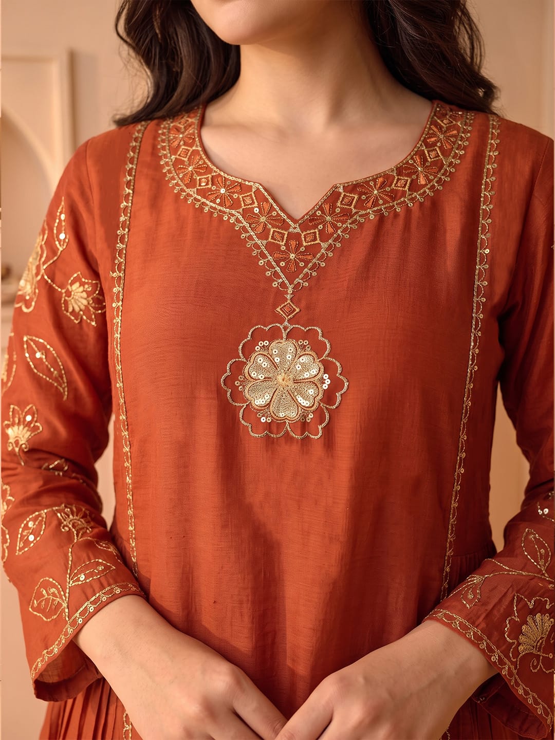 Rust Embroidered Shimmer Kurta Set With Embroidered Dupatta
