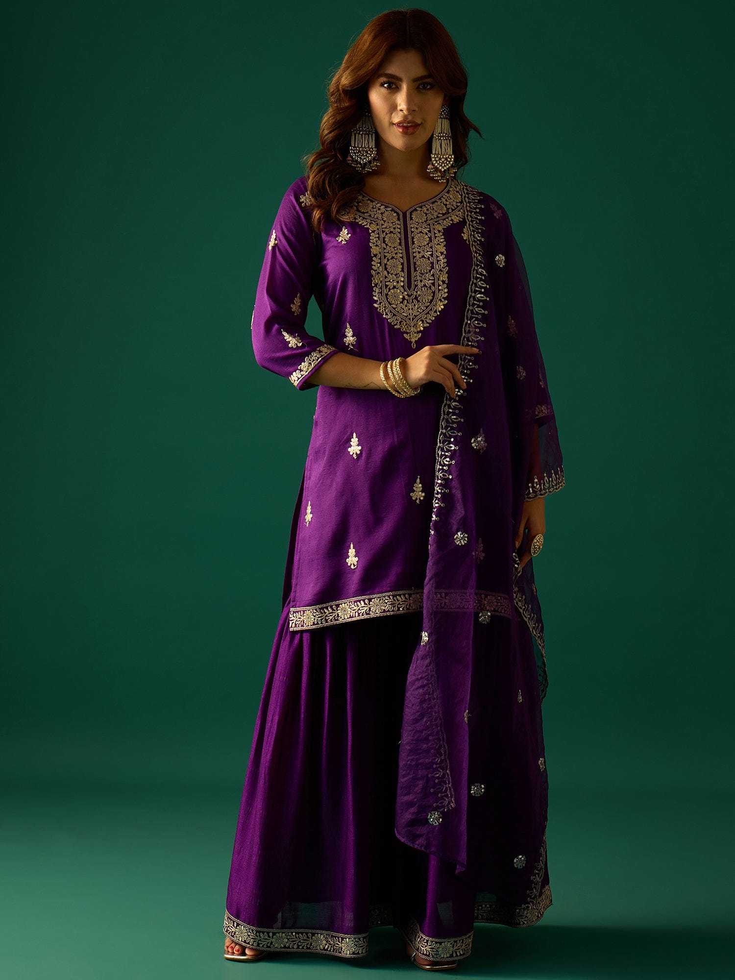 Zari Work Kurta With Sharara And Dupatta