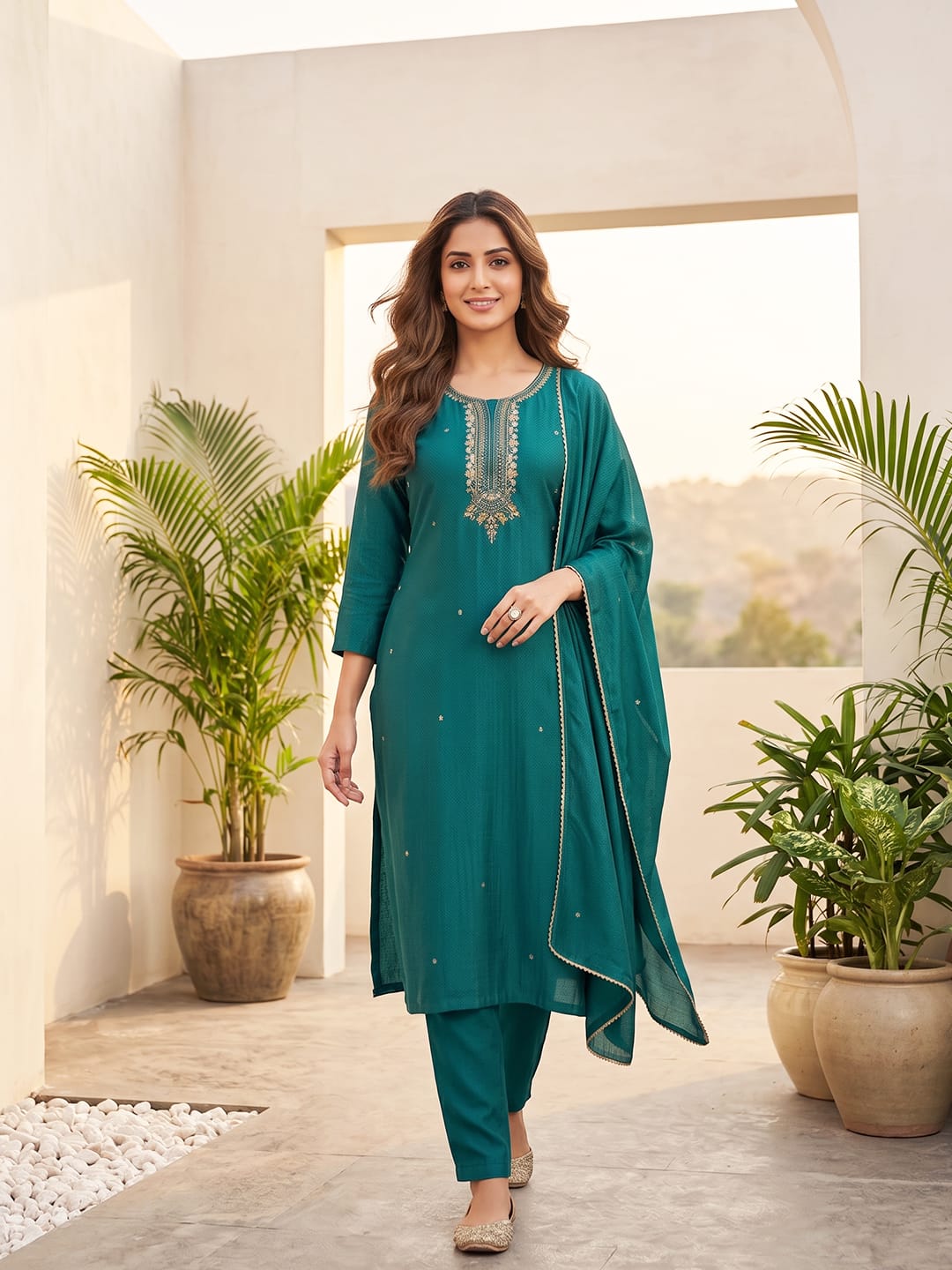 Purple 3-Piece Set With A Beadwork Yoke Kurta, Solid Trousers And Dupatta