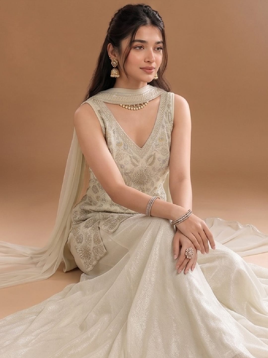 Women's Beads Embroidered Shimmer Short Kurta With Palazzo And Dupatta