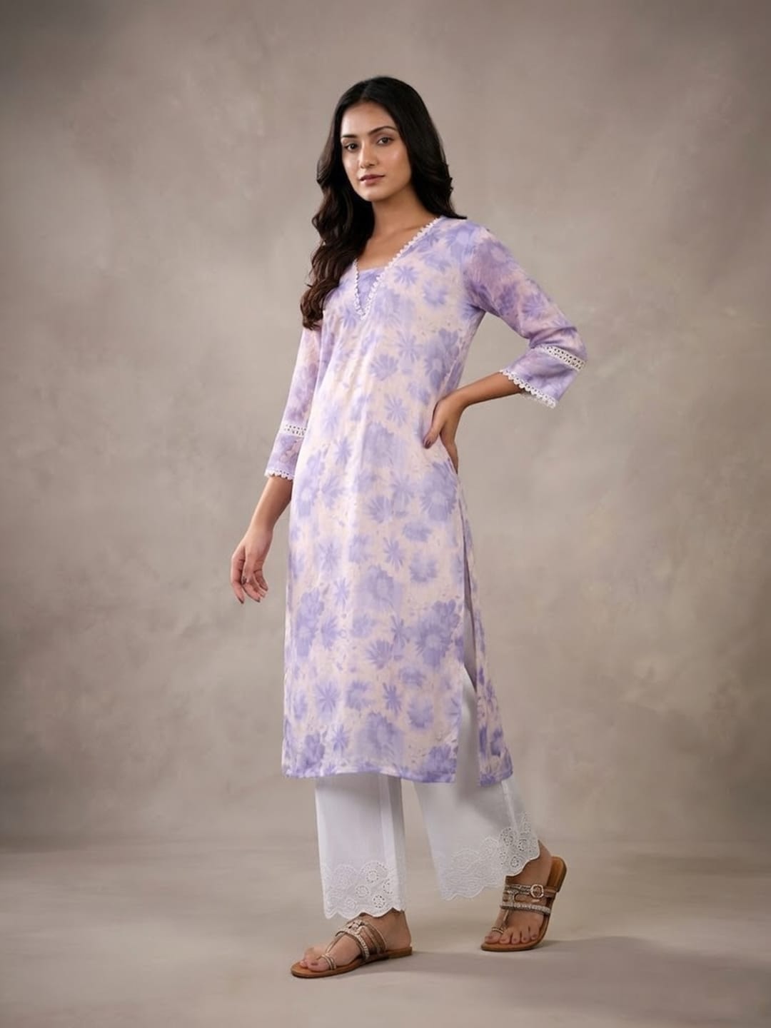 The Kurti Collection Women Lavender Floral Printed V- Neck Three Quarter Sleeve Straight Kurta.
