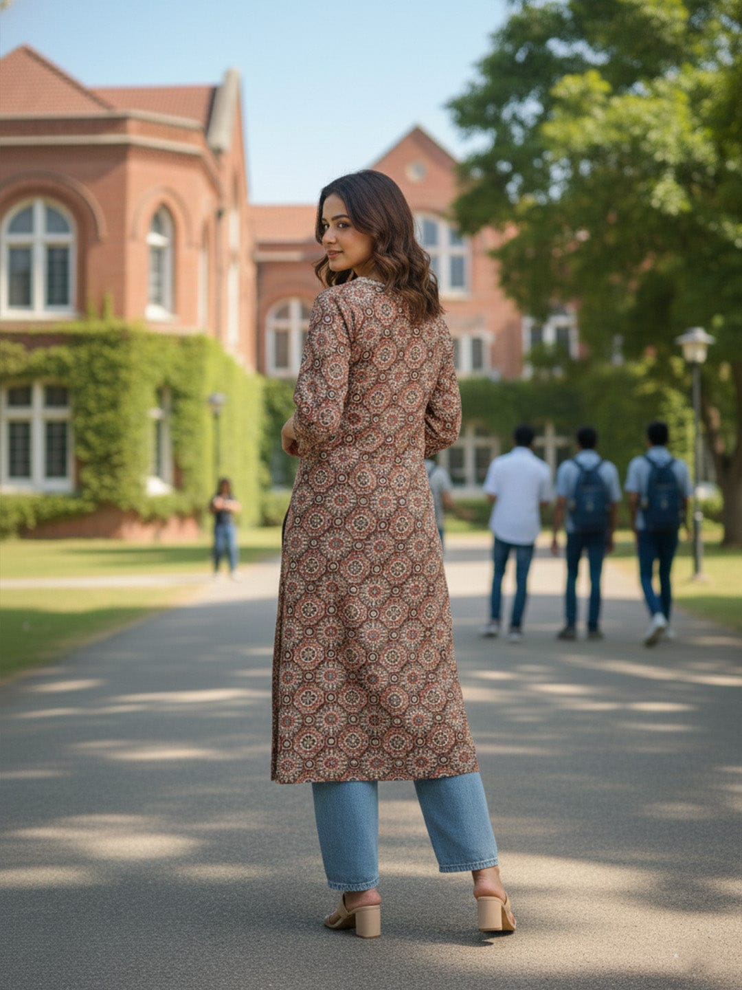 The Kurti Collection Traditional Jal Pattern Brown Kurta for Women