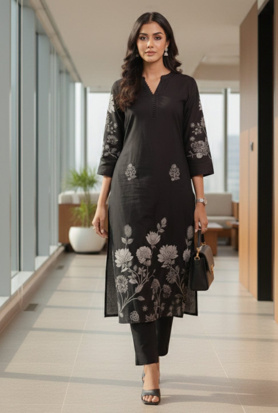 The Kurti Collection Women Black Floral Printed Kurta With Solid Trouser.