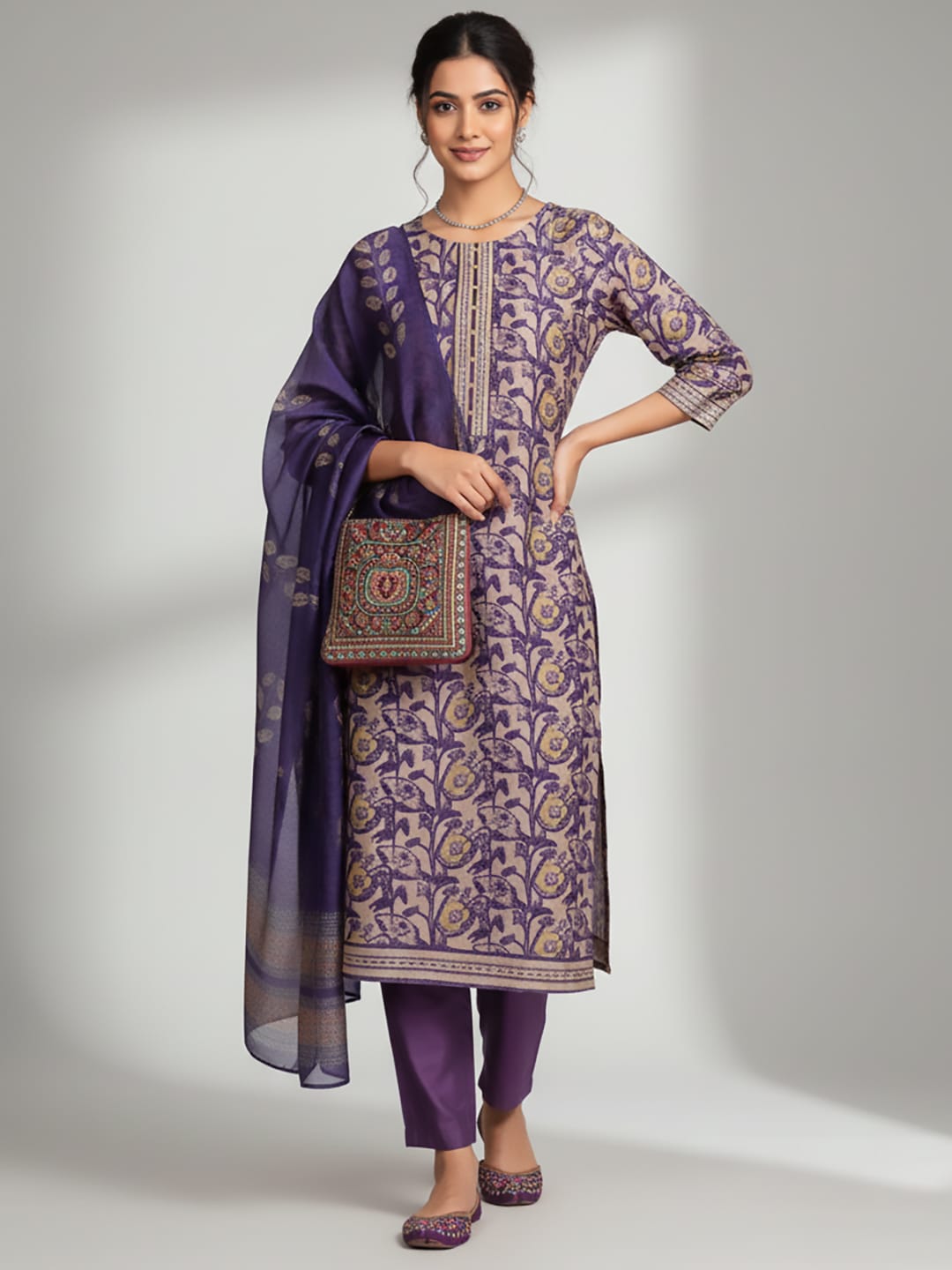 The Kurti Collection Women Purple Floral Printed Straight Kurta With Trousers And Printed Dupatta.