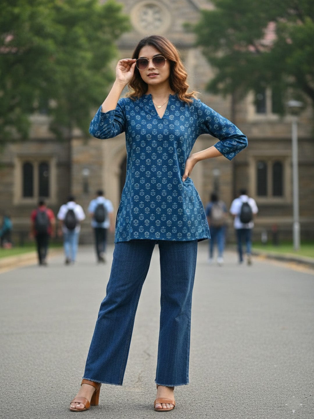 The Kurti Collection Women Blue Printed Tunic with 3/4 Sleeves