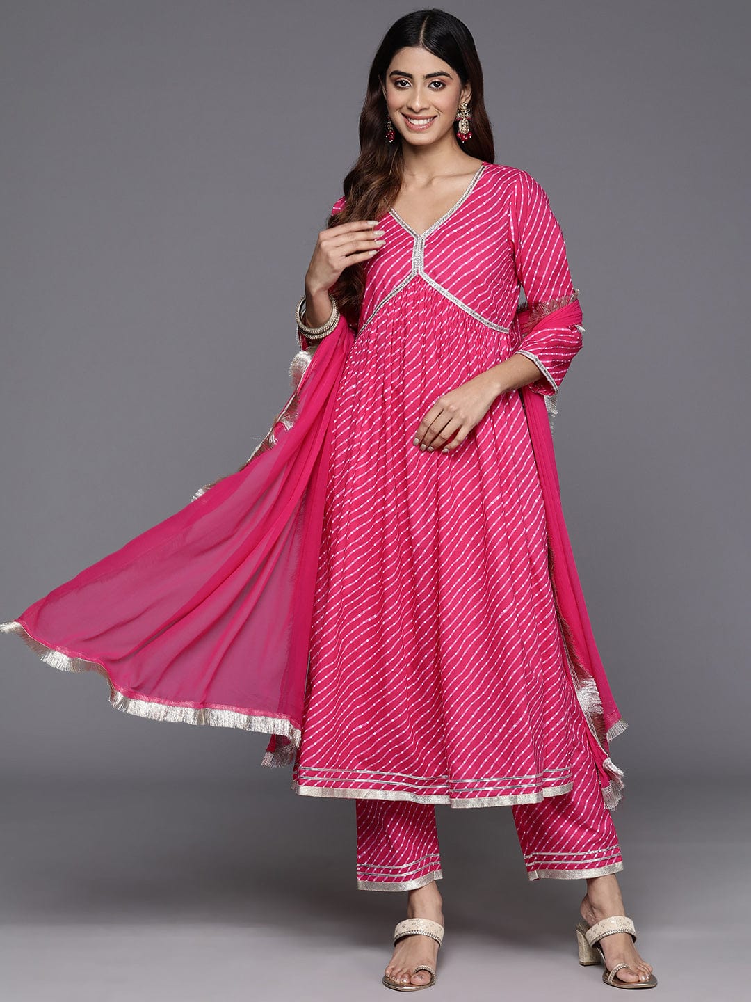 Varanga Women Fuchsia Leheriya Print V-Neck With Lace Detail A Line Kurta With Bottom And Dupatta.