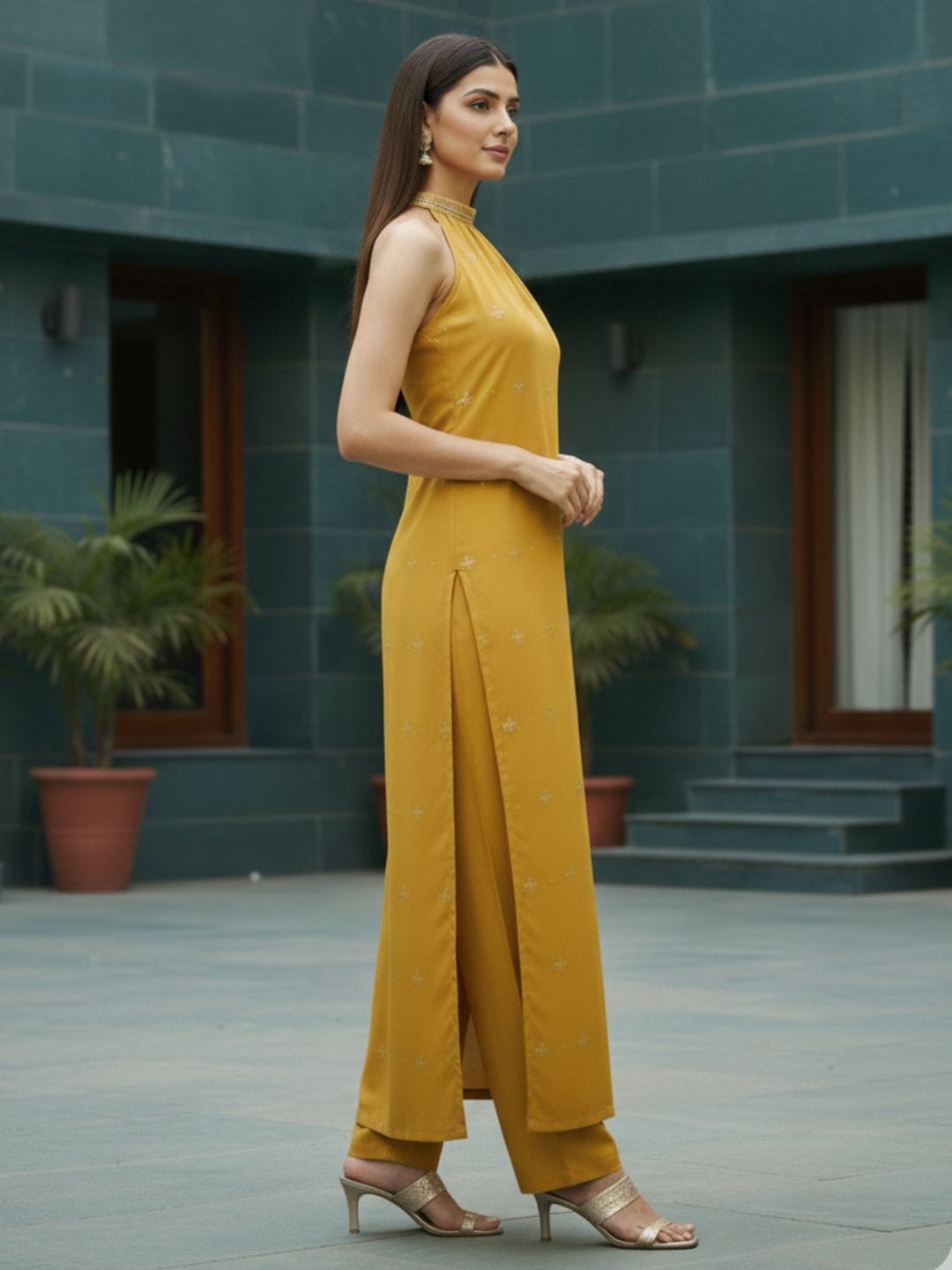 The Kurti Collection Women Halter Neck Straight Lurex Kurta with trouser