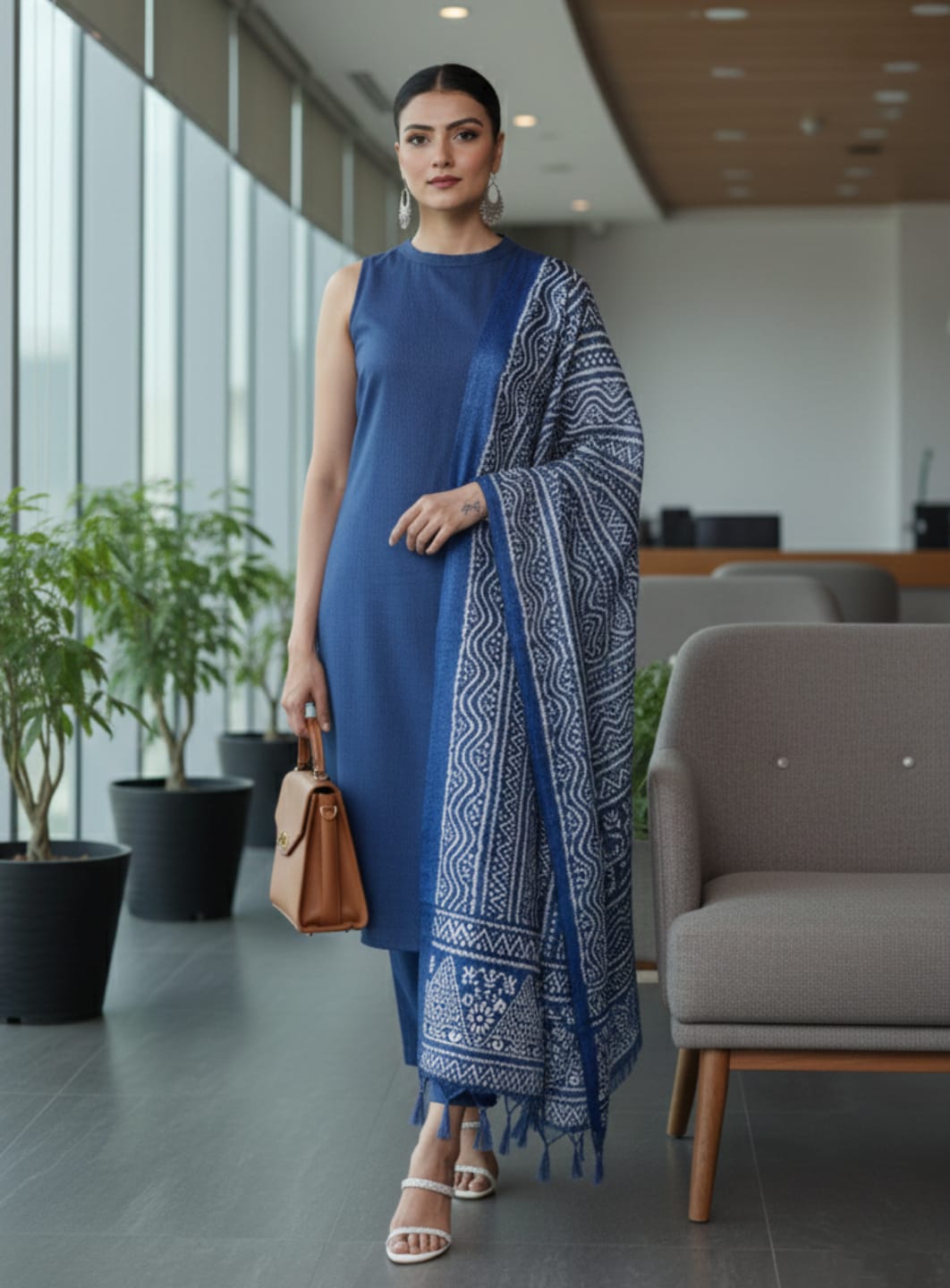The Kurti Collection Women Blue Solid Kurta Set Paired With Printed Dupatta