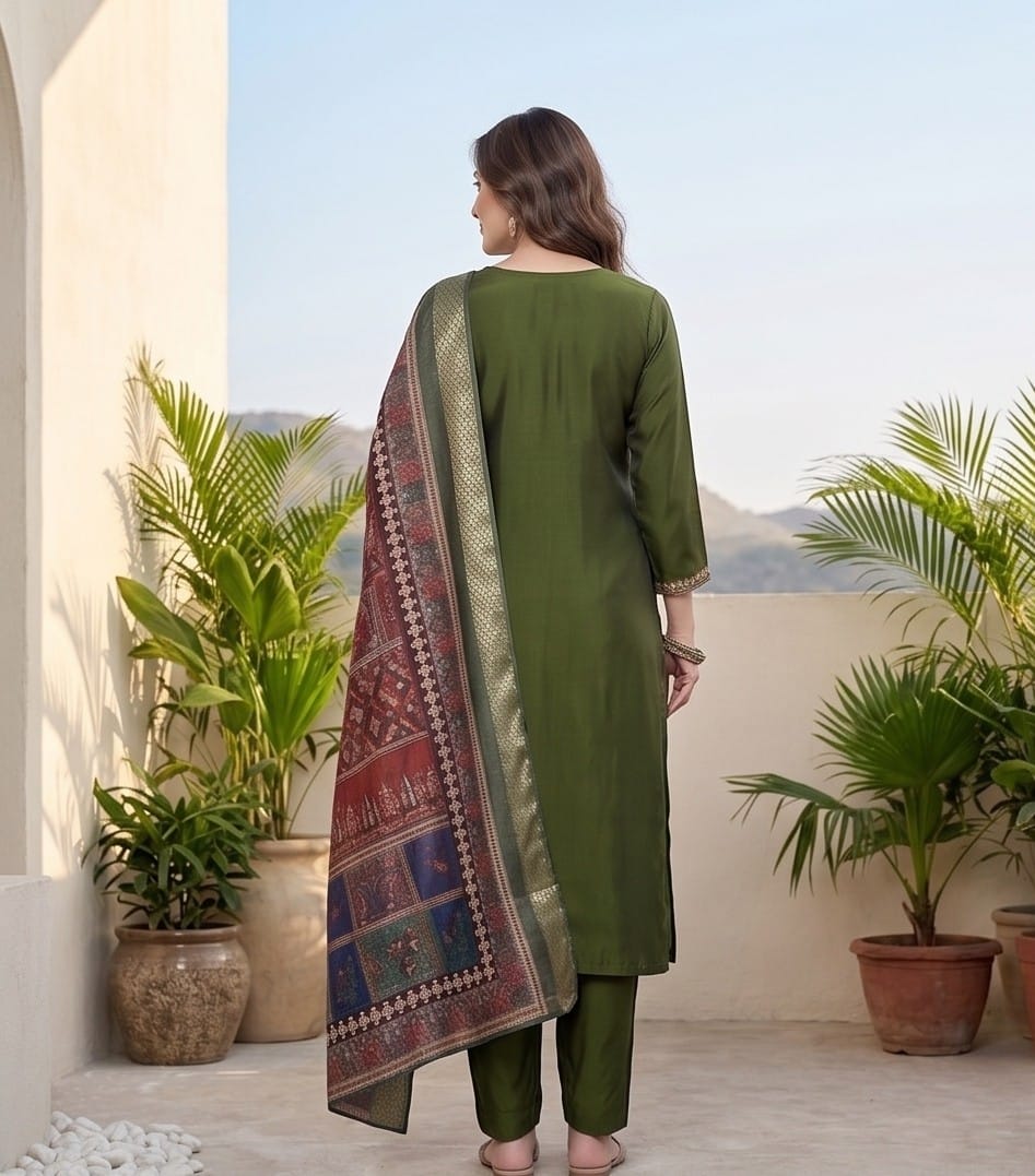 Varanga Women Olive Green Round Neck Kurta With Tonal Bottom & Printed Dupatta