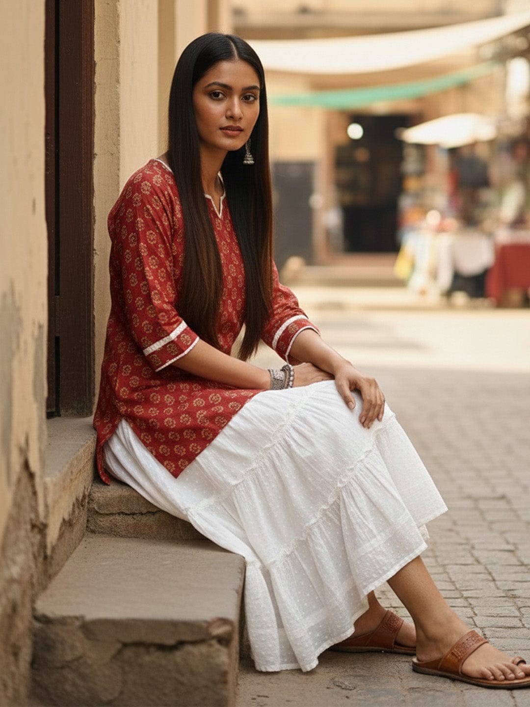The Kurti Collection Ethnic Maroon Paisley Top with Notched V-Neckline