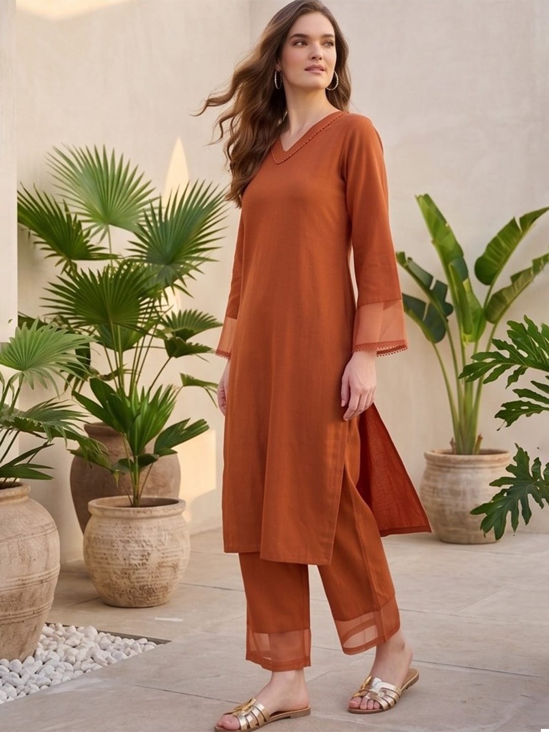 The Kurti Collection Women Rust Straight Kurta Paired With Tonal Trouser