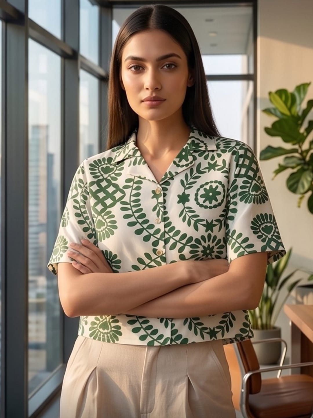 Green Coloured Short Sleeves Shirt Collar Top