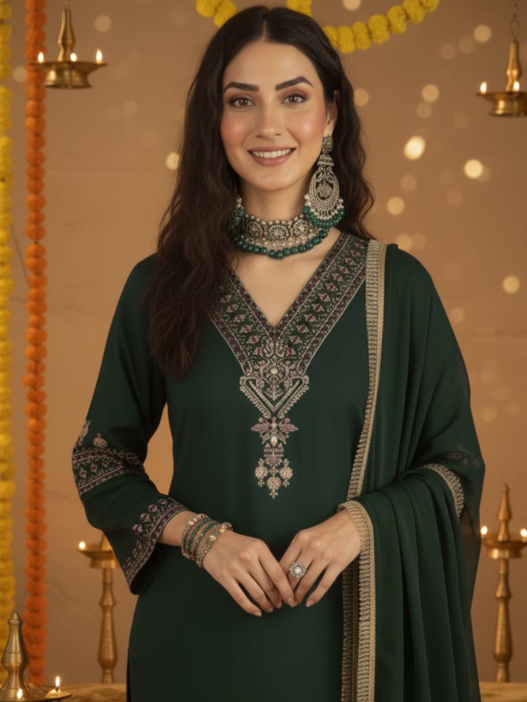 The Kurti Collection Women Green Embroidered Straight Kurta Paired With Tonal Embroidered Bottom And With Tonal Chiffon Dotted Dupatta