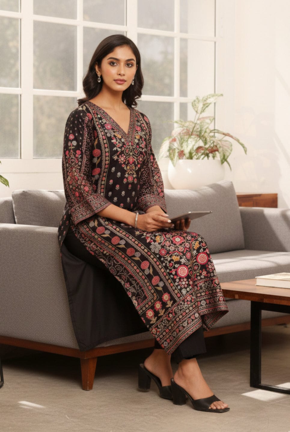 The Kurti Collection Women Black Ethnic Floral Printed Kurta With Solid Trouser.
