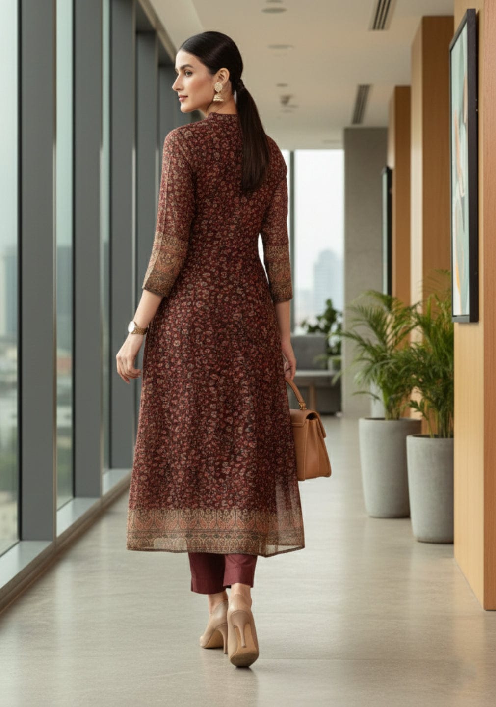 The Kurti Collection Women Brown Printed Straight Kurta Paired With Solid Bottom And Printed Dupatta