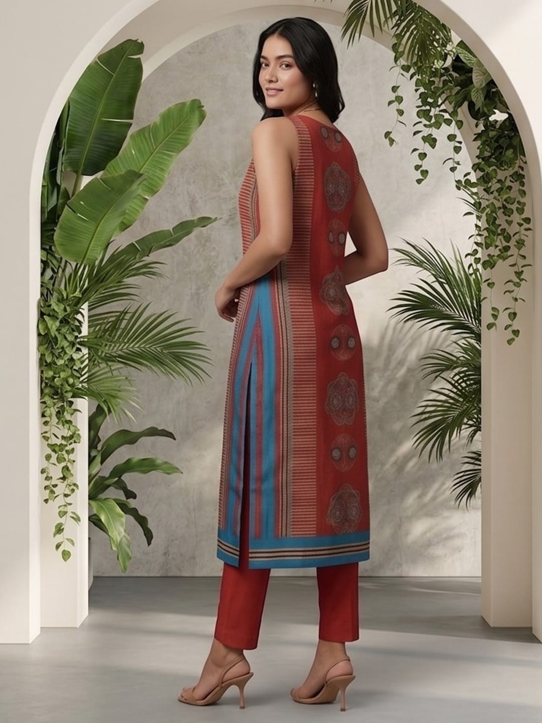 Everyday-ready rust A-line V-neck kurta paired with soft, elasticated solid trousers.
