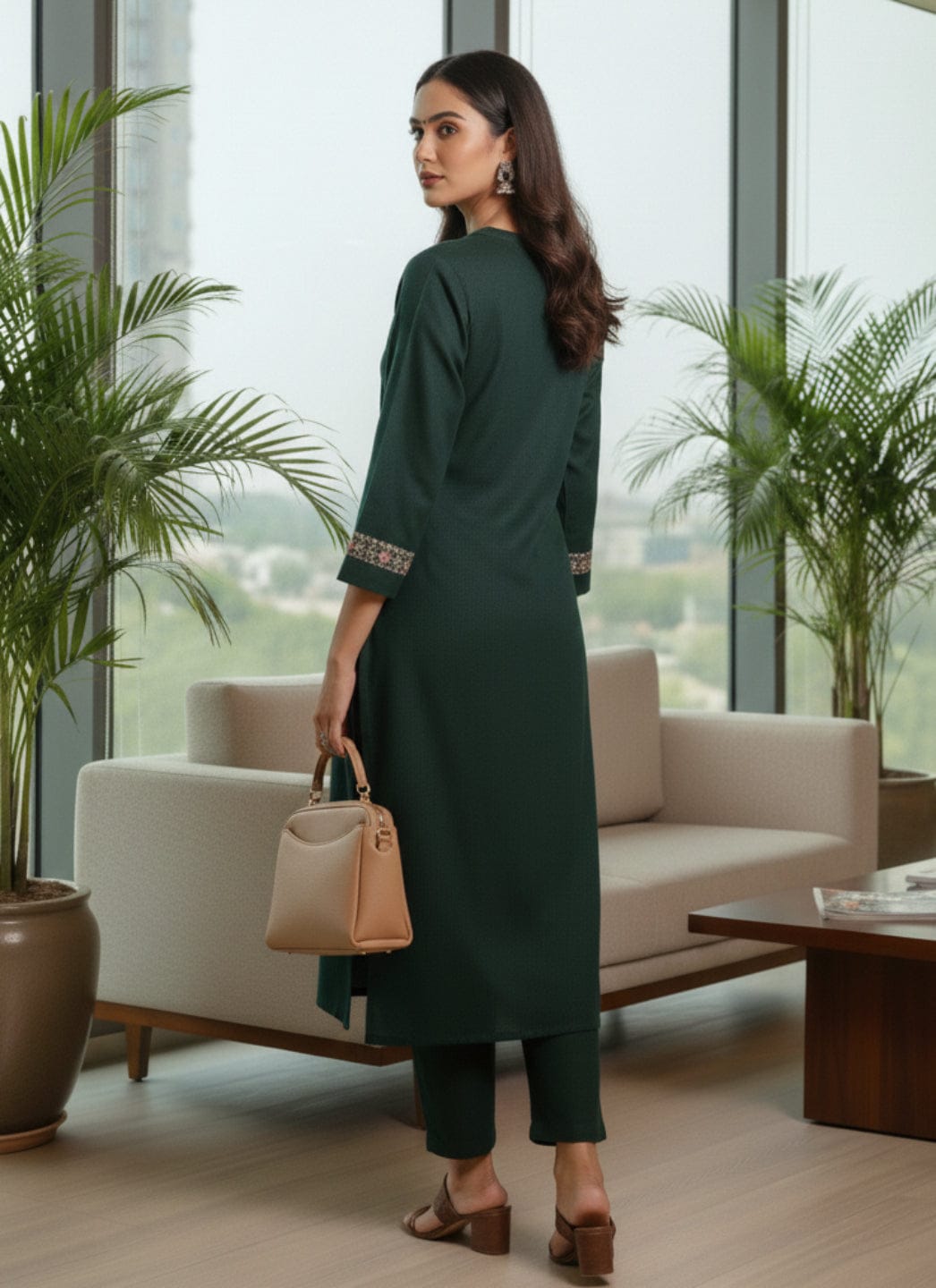 The Kurti Collection Women Green Mandarin Collar Thread Embroidered With Pleate Deatialing Kurta Paired With Bottom