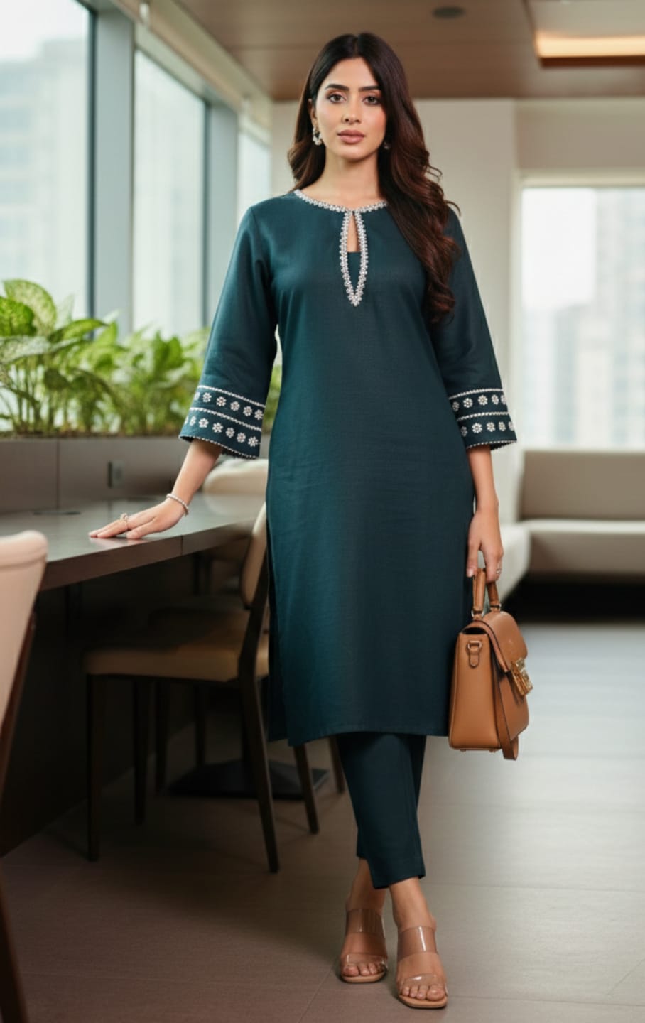 The Kurti Collection Women Bottle Green Embroidered Kurta Set