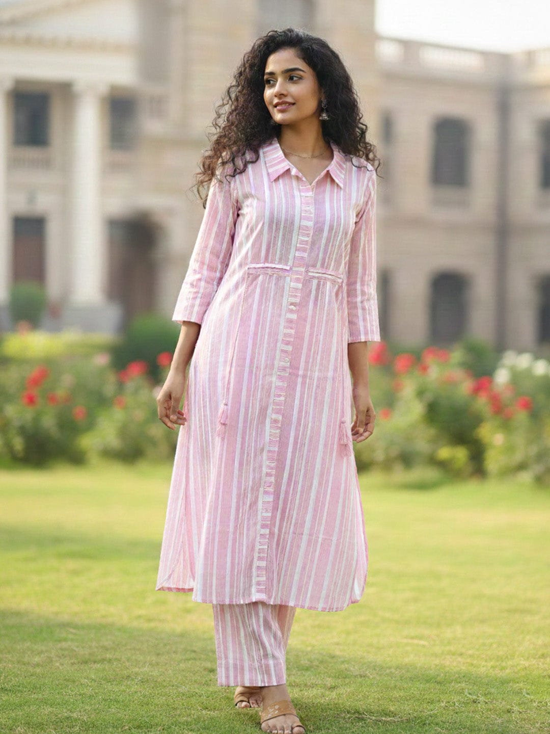 Straight Fit pink Striped cord Set