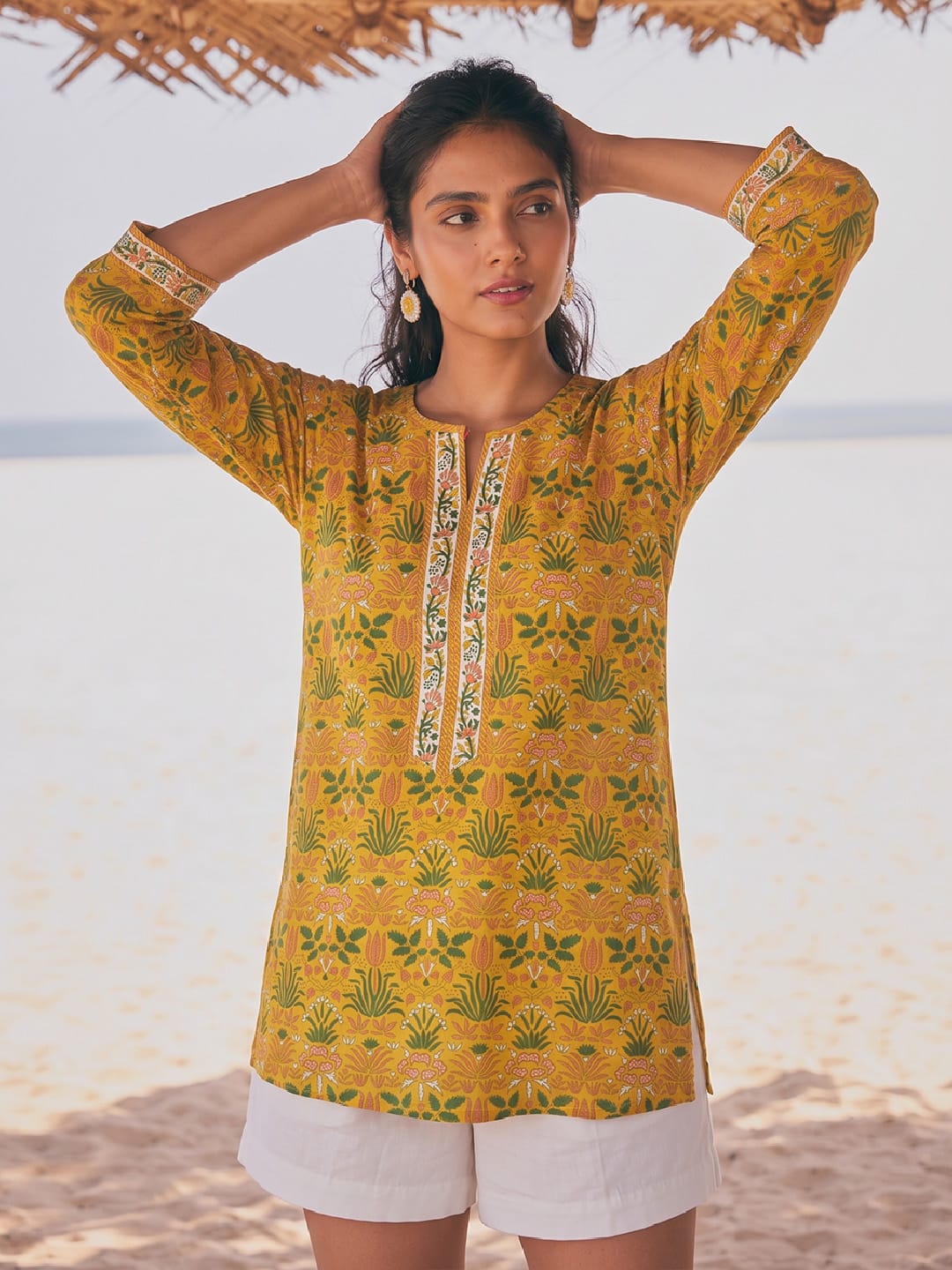 Mustard Yellow Botanical Print Notch-Neck Short Kurta
