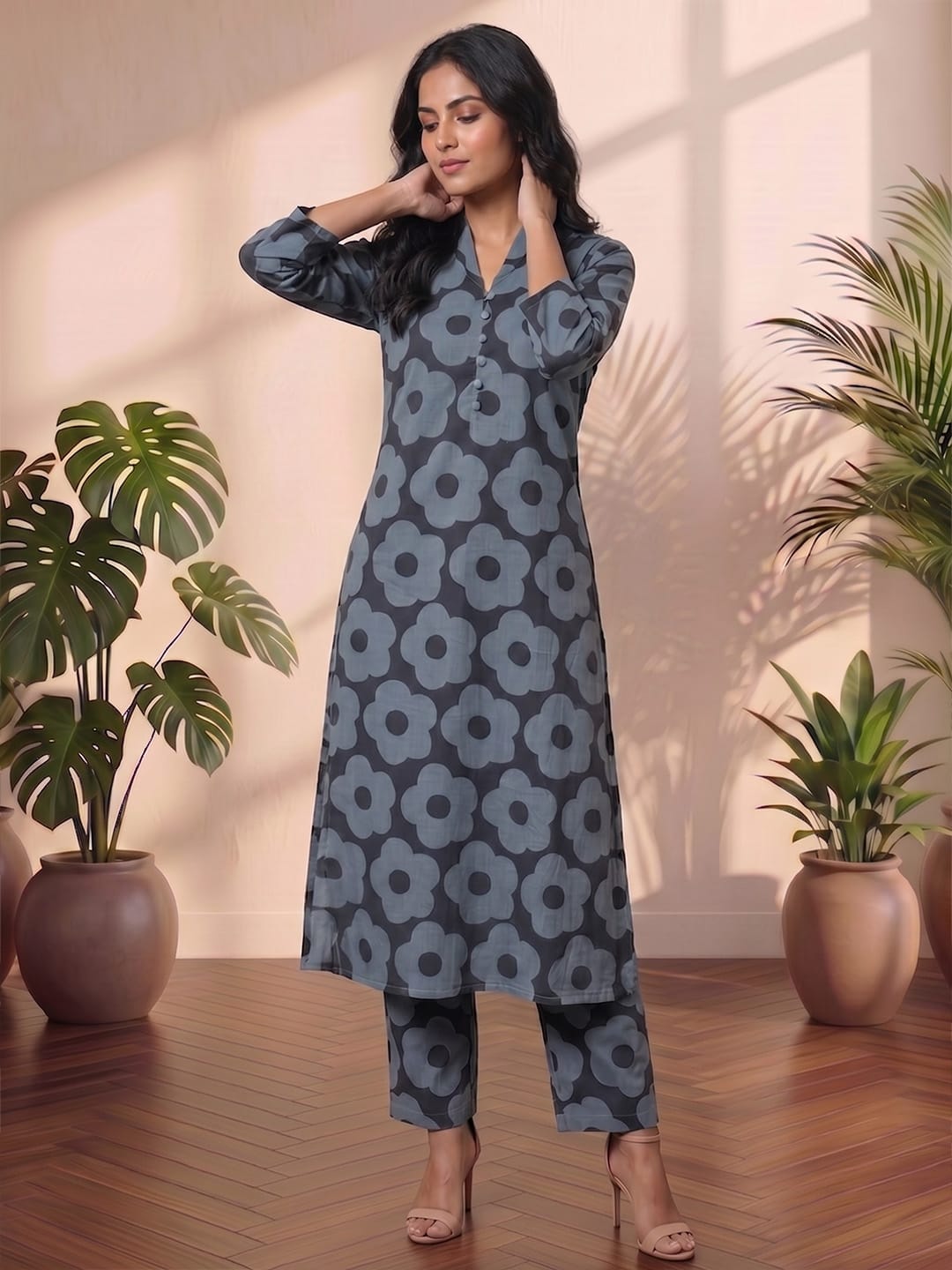 Bold Floral Prints Meet Effortless Comfort In This Chic Midnight Blue Kurta Set