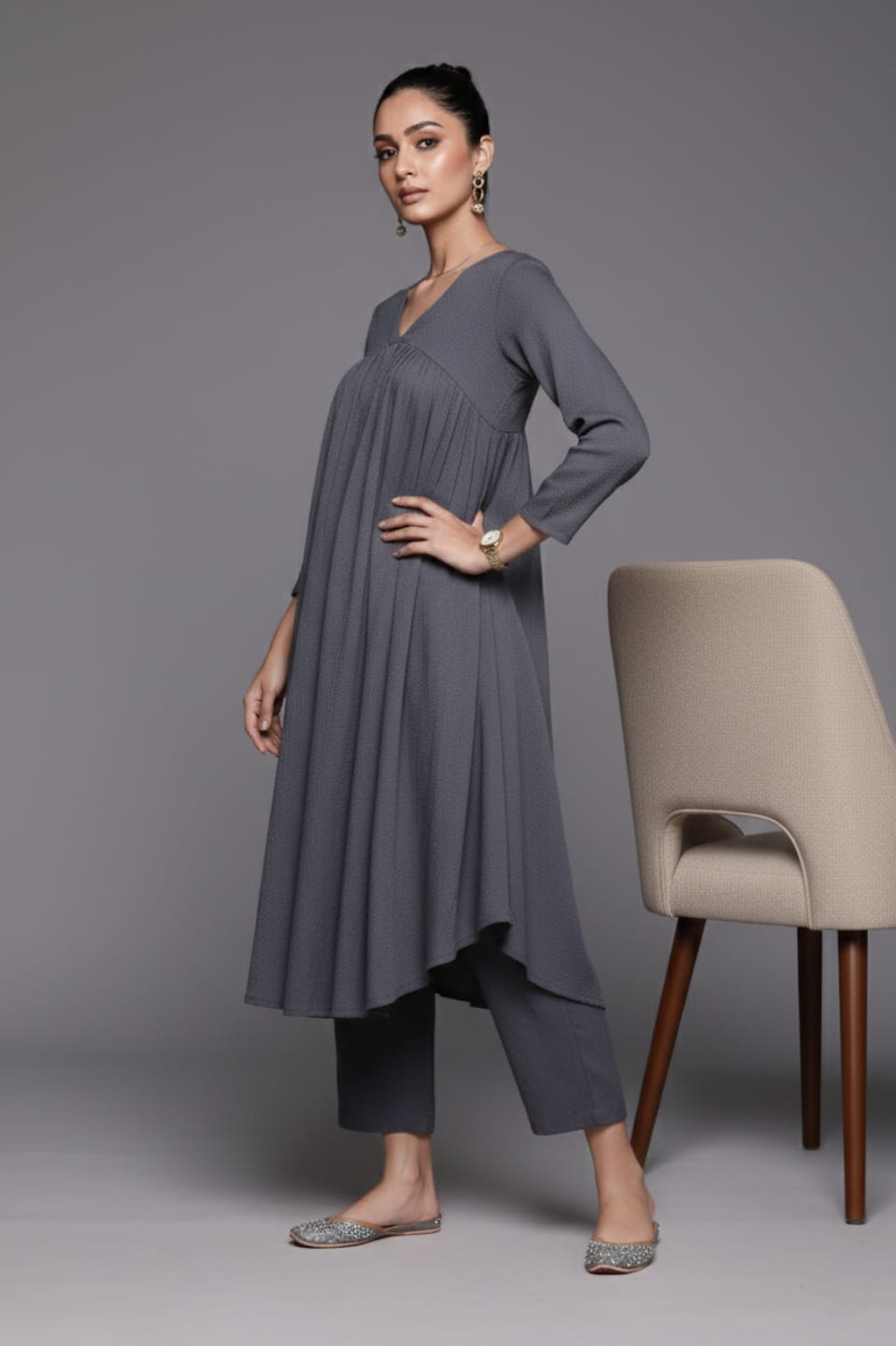 The Kurti Collection Women Grey Empire Gathered Details A-Line Kurta Paired With Tonal Bottom