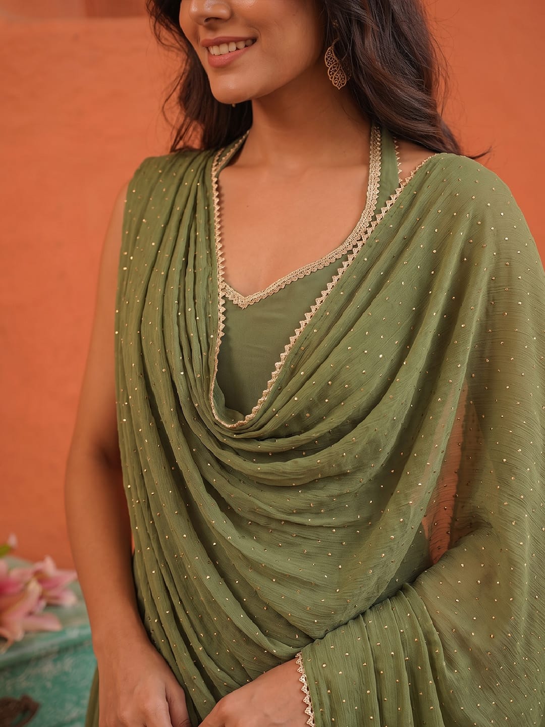 Olive Green Foil-Dot Anarkali Co-Ord Set