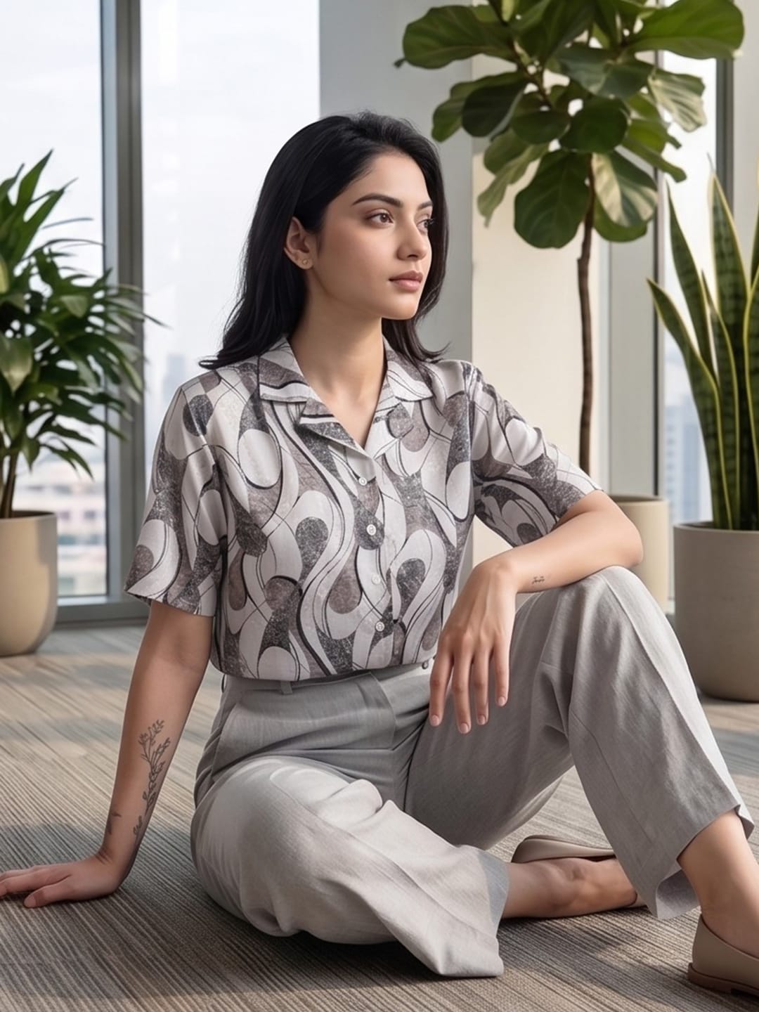 Grey Coloured Short Sleeves Shirt Collar Top