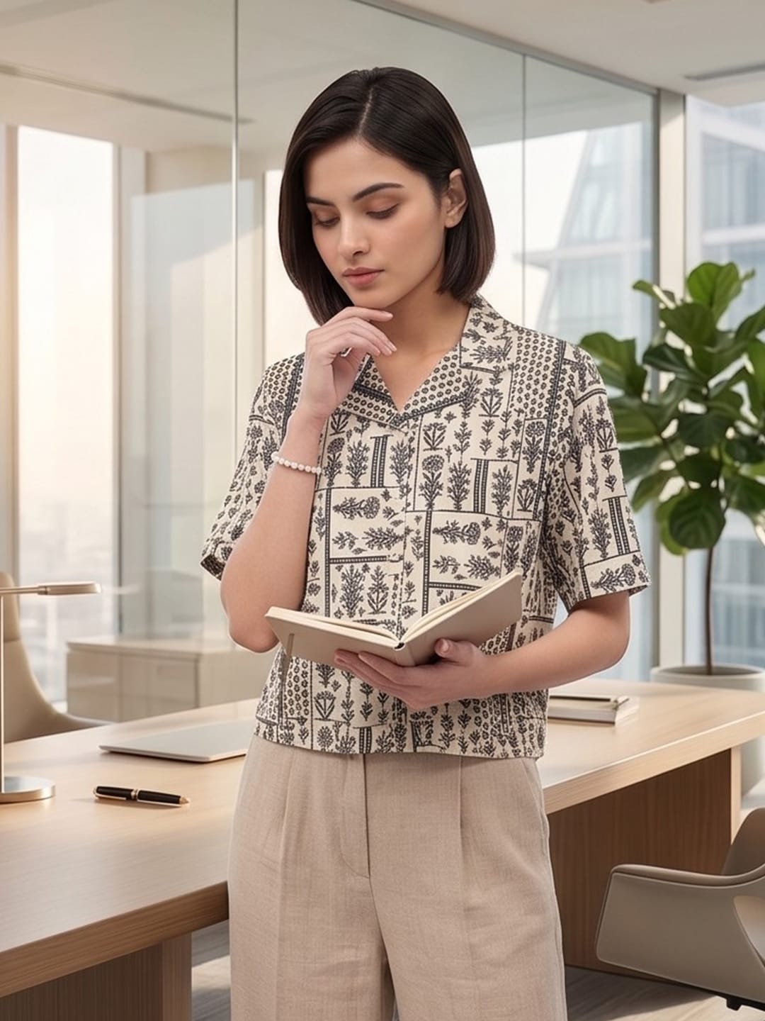 Beige Coloured Short Sleeves Shirt Collar Top
