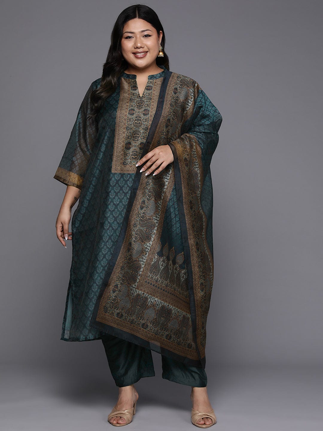 The Kurti Collection Plus Size Ethnic Motifs Printed Chanderi Silk Kurta With Trousers Dupatta