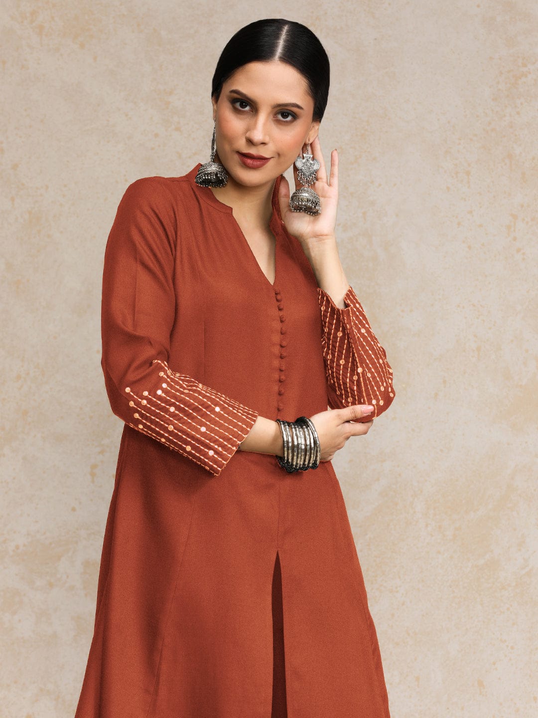 Black Mandarin Witn V Neck Anarkali Front Slit Detailing With Trouser