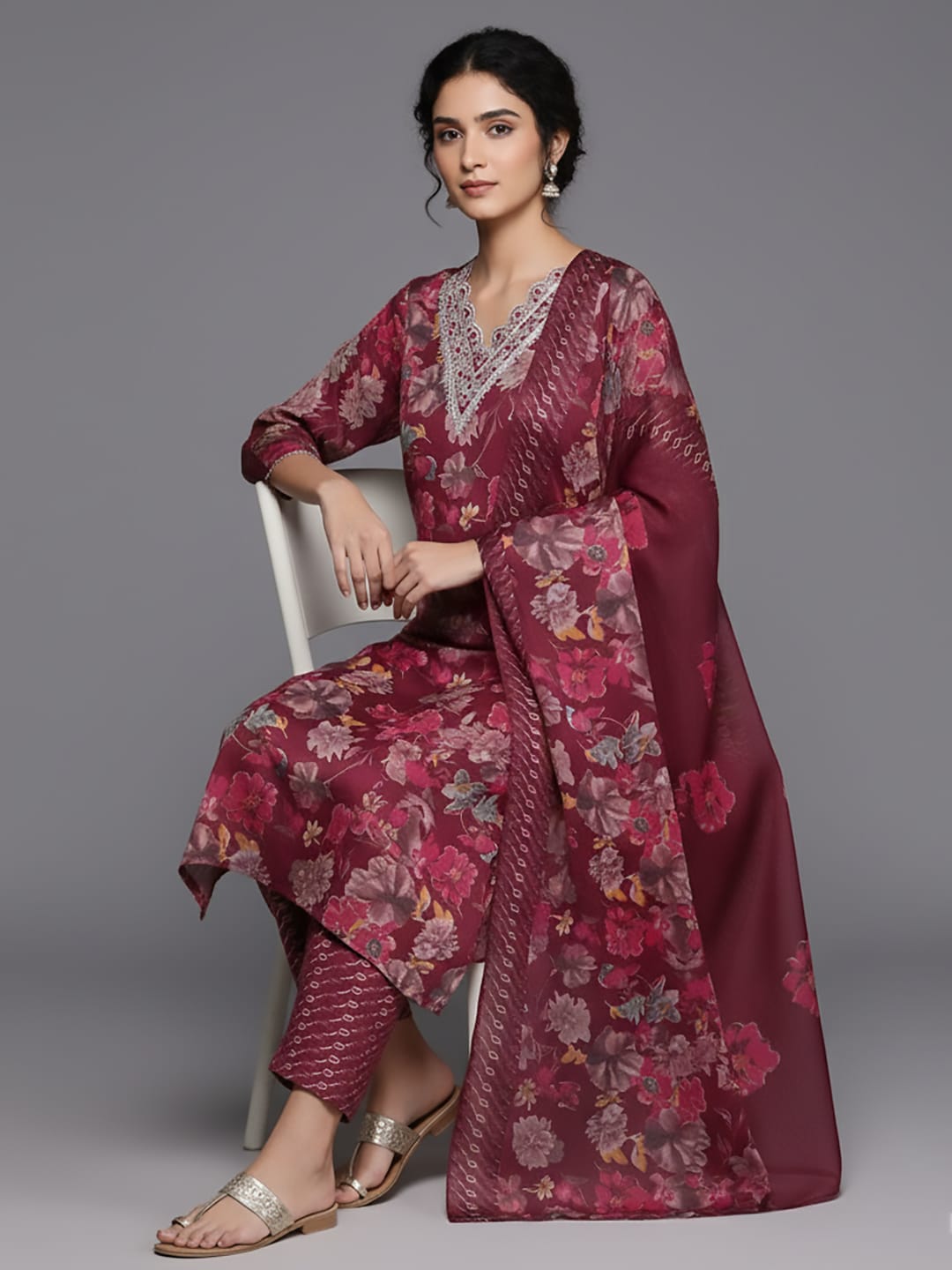 The Kurti Collection Women Maroon Floral Printed Embroidered Kurta Paired With Bottom And Dupatta